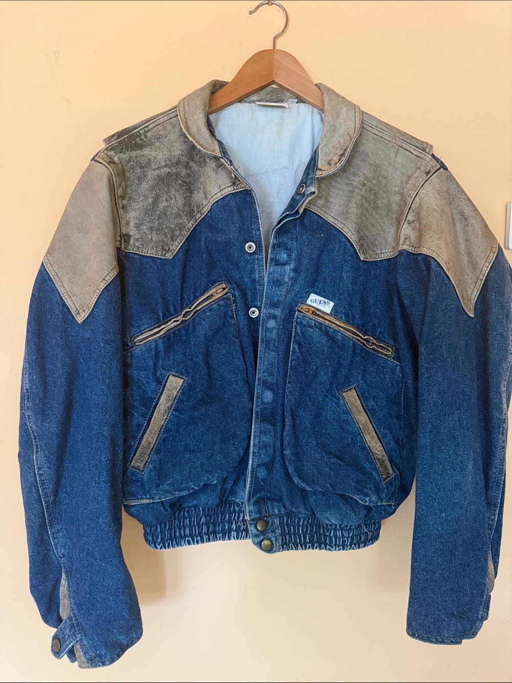 Vintage “Guess by Marciano” Blue Denim & Gray Suede-Accent Bomber Jacket Size M